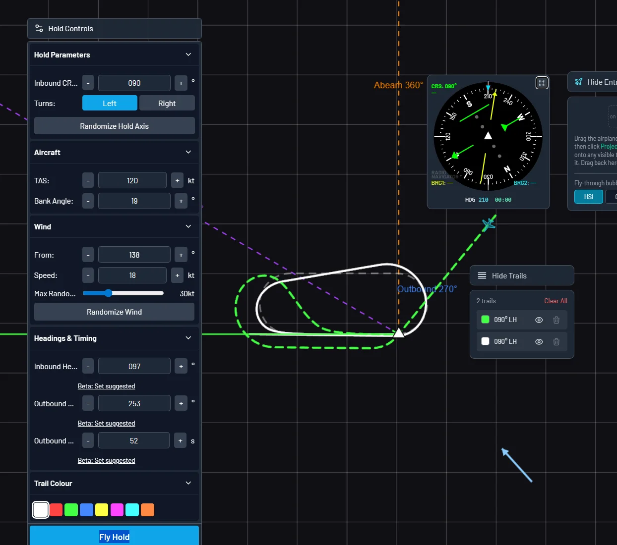 Radio Navigator Hold Visualiser showing a wind-corrected holding pattern with entry path