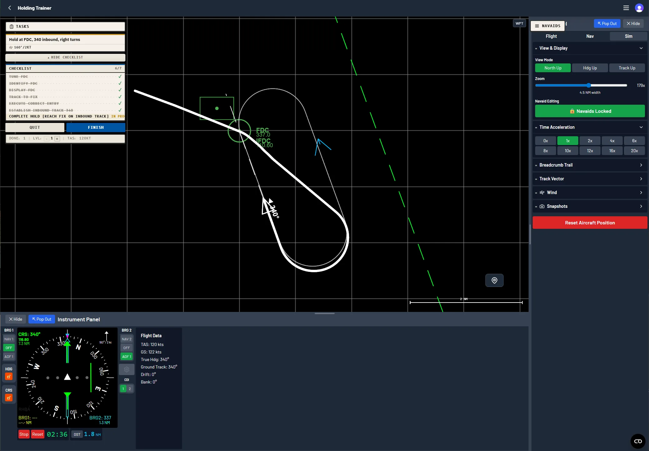 Radio Navigator Holding Pattern Trainer showing a hold at a VOR with the flown entry path on the moving map