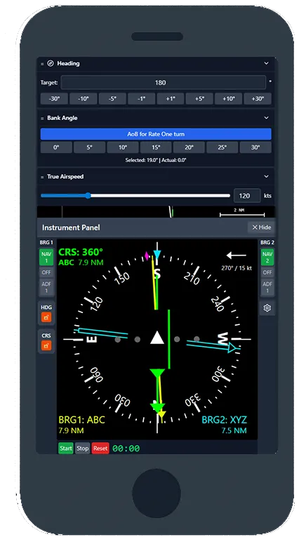 Radio Navigator simulator running on a smartphone with touch instruments