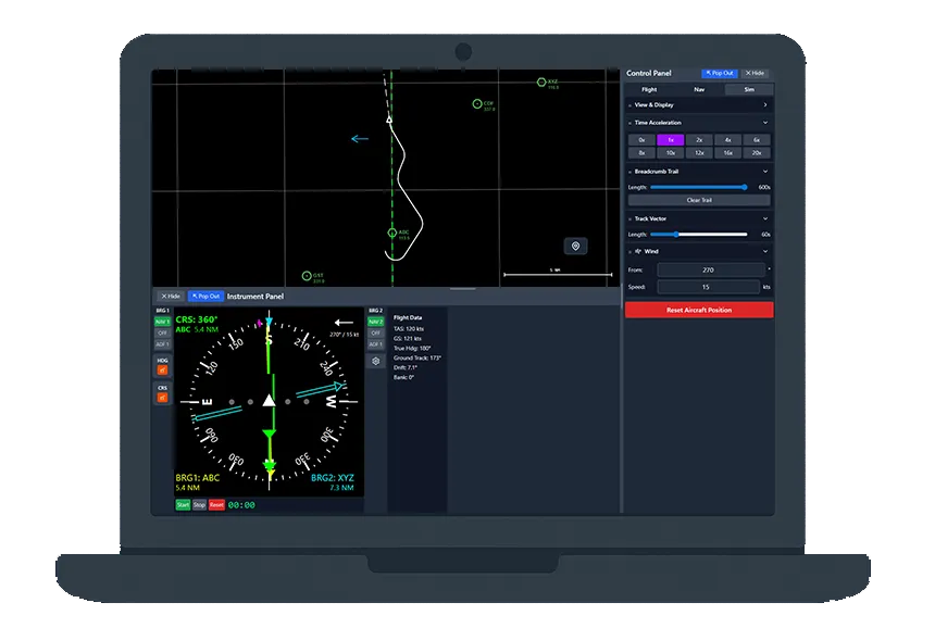 Radio Navigator simulator running on a PC and Mac in a desktop browser