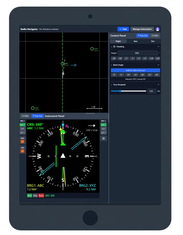 Radio Navigator simulator running on a tablet with touch instruments