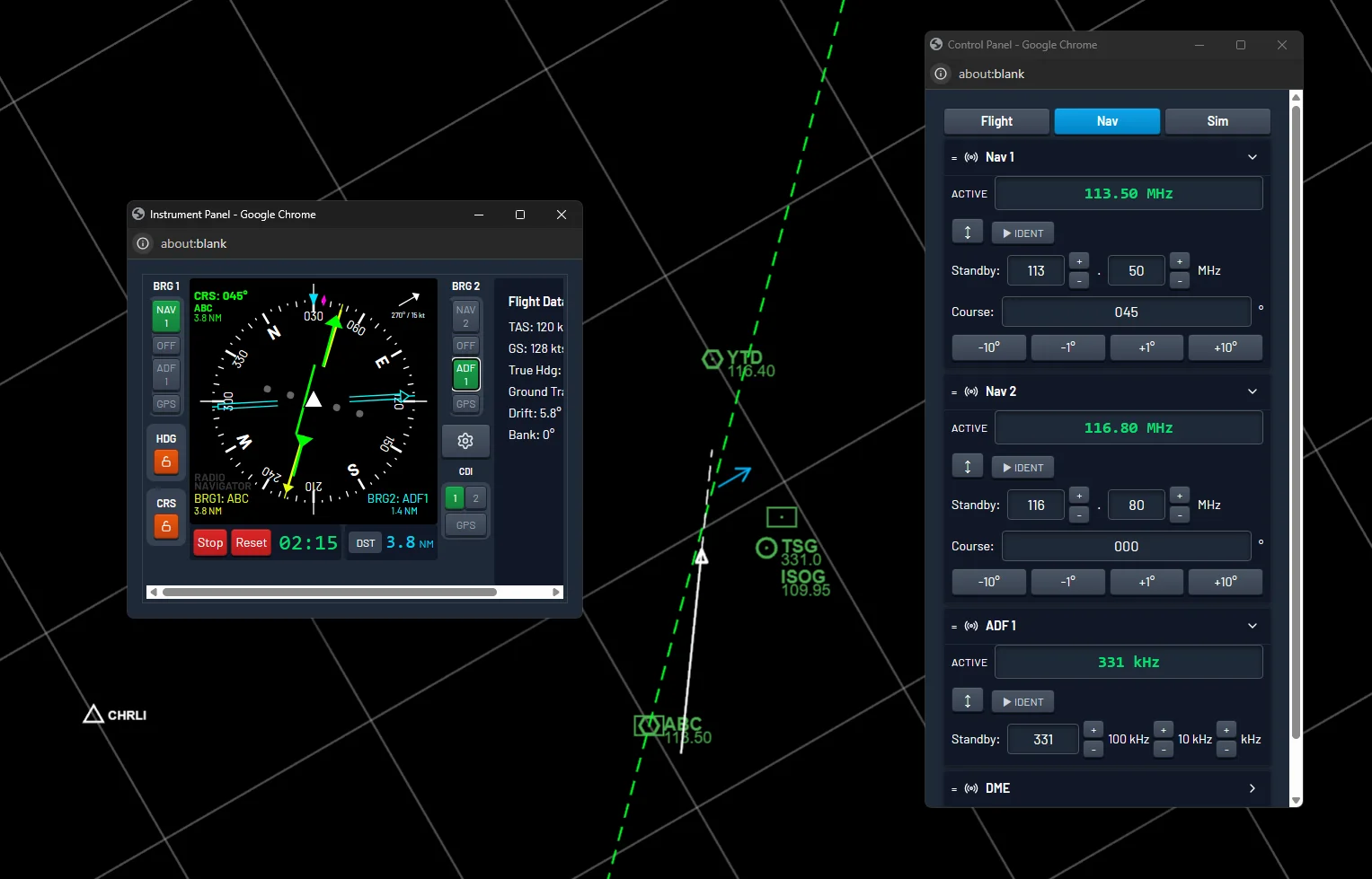 Radio Navigator pop-out instrument and control panels across multiple monitors