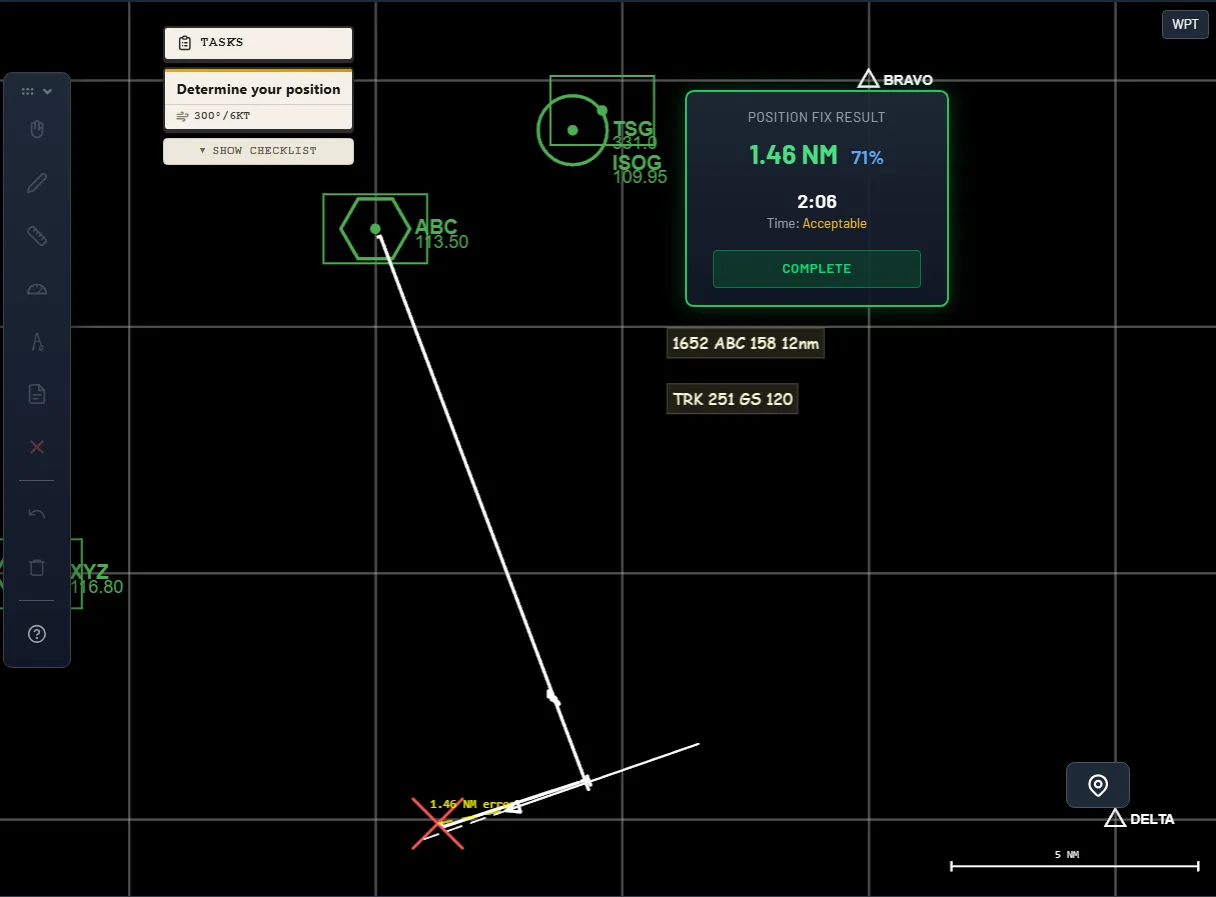 Radio Navigator Position Fix Trainer with plotted VOR bearing lines and a DME arc on the chart