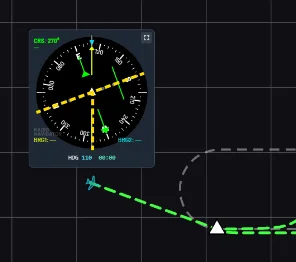 Image showing the aircraft approaching the fix on heading 110° with the sectors drawn on the HSI.